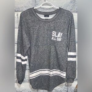 Rue21 ‘Slay All Day’ Long Sleeve Top Grey/White XS Sequin Logo
